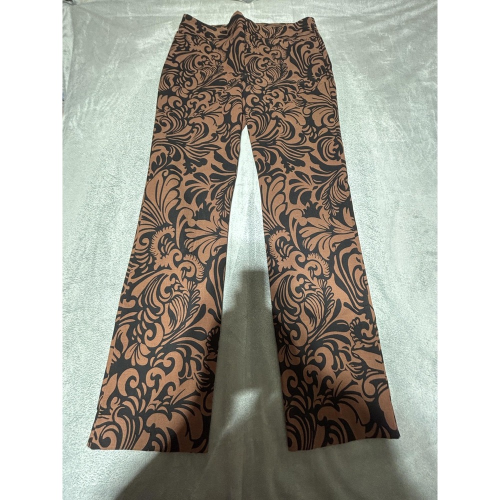 Chicos Pants Womens US 8R Brown Floral Twill Straight Leg Pull On Dress Work